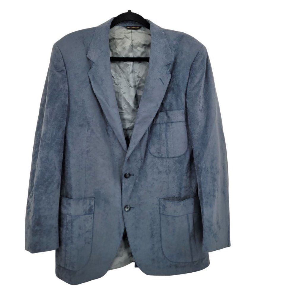 Vintage 60s Faux Suede Velvet Sports Coat L Dusty Blue Single Breasted Blazer